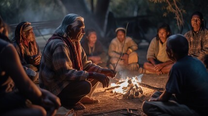 Fototapeta premium Mid-shot of an indigenous elder sharing traditional stories with younger members of their community. Generative AI