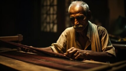 An Indian artisan demonstrating the traditional hand loom process to a group of tourists. Generative AI - obrazy, fototapety, plakaty