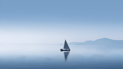 Fototapeta na wymiar Minimalist sailing background of a sailboat reflecting on the still water. Generative AI.