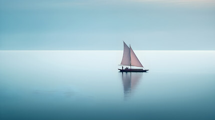 Fototapeta premium Minimalist sailing background of a sailboat reflecting on the still water. Generative AI.