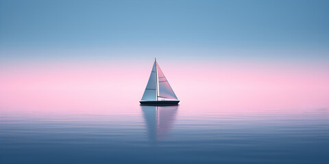Minimalist sailing background of a sailboat reflecting on the still water. A lonely sailing boat floating in the ocean.