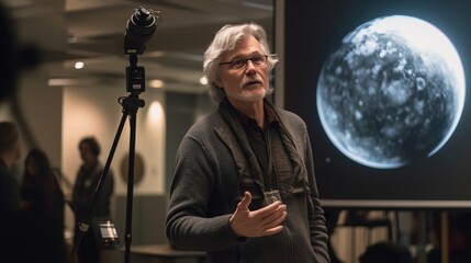 An astronomer giving a presentation on the importance of asteroid detection and prevention international Asteroid Day. Generative AI