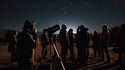 A group of people attending a stargazing event at an observatory on International Asteroid Day. Generative AI - obrazy, fototapety, plakaty