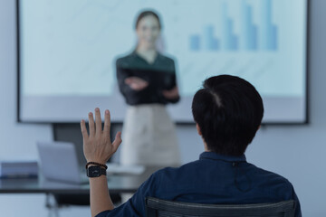 e-Business Technology Conference Presentation: e-Business Technology Conference Presentation: Tech  Talks about Revolutionary High-Tech Product. Projector Screen Shows Graphs, Infographics, AI, 