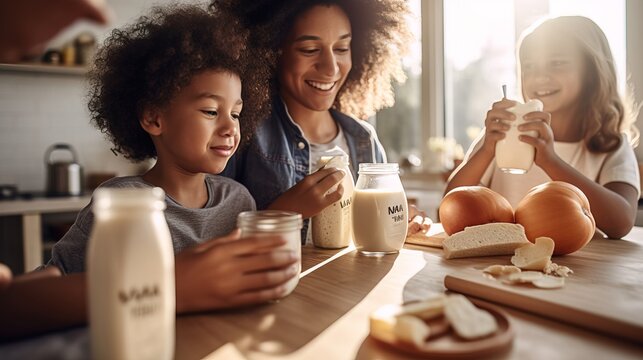 A family enjoying a healthy breakfast with milk and dairy products on World Milk Day. Generative AI