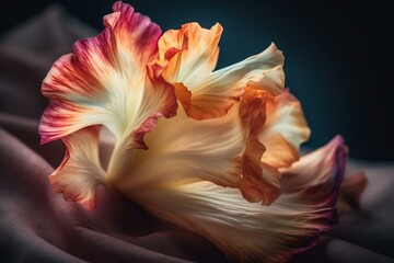 Naklejka na ściany i meble Close-up of a multicolored gladiolus flower on silk fabric. Generative AI