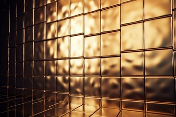 Luxurious polished tile wallpaper with gold square blocks. 3D rendered wall background. Generative AI
