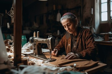A wide shot of a woman sewing reusable cloth napkins at her sewing machine, demonstrating sustainable alternative to disposable paper products. Generative AI