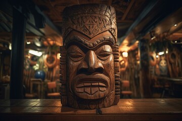 Wooden tiki mask design for surfing bar with traditional ethnic idol of Hawaiian, Maori or Polynesian origin. Old tribal totem ties in with surfing culture. Generative AI - obrazy, fototapety, plakaty