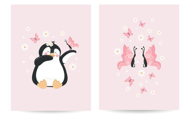 Funny, cute penguin. Butterflies and daisies. A set for creating a postcard, cover, invitation, packaging. Vector design