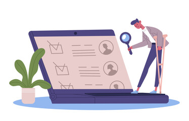 Analyzing cv handicapped character. Cartoon male employee with crutches holding magnifying glass, checking resume