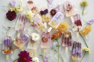 Popsicles with flowers. AI generated image.