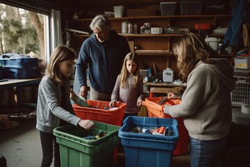A mid-shot of a family sorting their recyclables into color-coded bins in their garage, teaching their children the importance of recycling. Generative AI