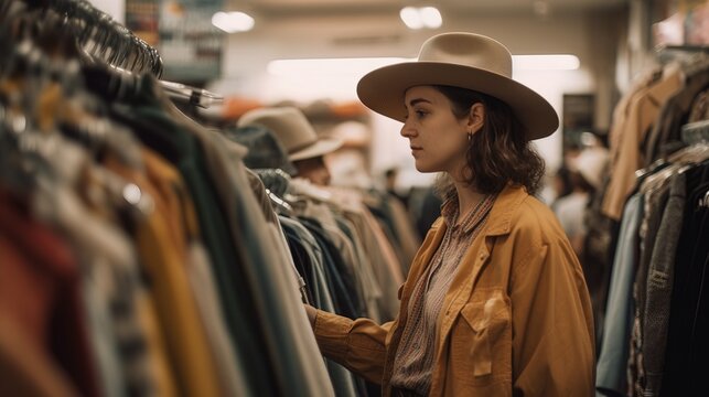 A mid-shot of a person shopping at a thrift store, browsing through a rack of second-handclothes, highlighting the benefits of supporting sustainable fashion. Generative AI