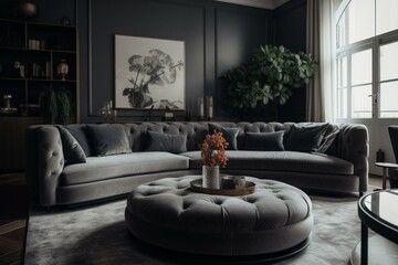 Elegant grey indoor area with chic cushioned couch. Generative AI