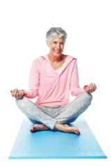 Foto op Canvas Yoga, lotus and senior woman in portrait isolated on transparent, png background for happy health and wellness.. Relax, body and elderly person in meditation, faith and spiritual healing or workout © Mayur/peopleimages.com