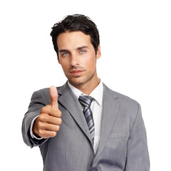 Business man, portrait and hand for thumbs up sign for support and motivation for success. Male entrepreneur person with like emoji for thank you or feedback isolated on a transparent, png background