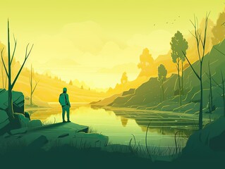 A man meditating in yoga in front of mountain view at sunrise. landscape digital art illustration