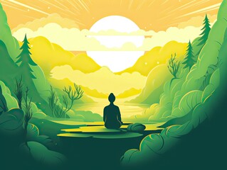 A man meditating in yoga in front of mountain view at sunrise. landscape digital art illustration