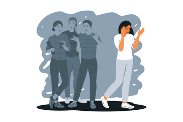 Social phobia, anxiety disorder consept. Sad woman struggle with loneliness and solitude in crowd. Outcast. Vector illustration.