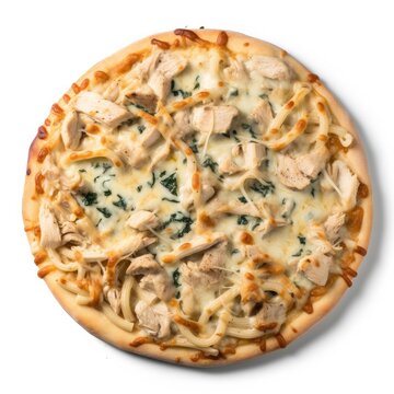 Chicken Alfredo Pizza Top View Isolated On White. Generative AI