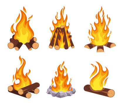 Cartoon campfire. Wood bonfire, burning log. Outdoor fire flames with stone and wooden borders. Outside wild adventure