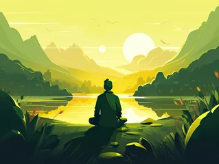 Schilderijen op glas A man meditating in yoga in front of mountain view at sunrise. landscape digital art illustration © Yan