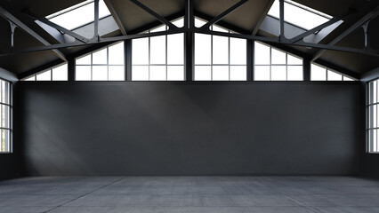 Empty, loft industrial interior. Black colored walls and big windows. Interior warehouse concept background . 3d Render