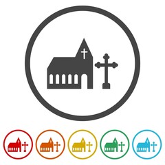 Church with cross isolated icon. Set icons in color circle buttons