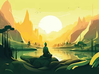 Deurstickers A man meditating in yoga in front of mountain view at sunrise. landscape digital art illustration © Yan
