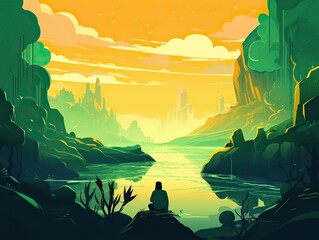 A man meditating in yoga in front of mountain view at sunrise. landscape digital art illustration