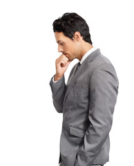 Business man, thinking and doubt profile for depression, fail or mistake. Professional person with hand on face to think about serious corporate solution isolated on transparent, png background