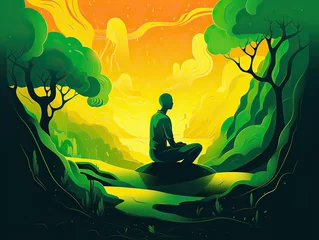 Zelfklevend Fotobehang A man meditating in yoga in front of mountain view at sunrise. landscape digital art illustration © Yan