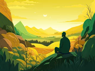 Kussenhoes A man meditating in yoga in front of mountain view at sunrise. landscape digital art illustration © Yan