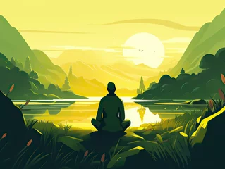 Rolgordijnen A man meditating in yoga in front of mountain view at sunrise. landscape digital art illustration © Yan