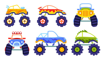 Cartoon monster trucks.Toy transport with large tires for children © WinWin