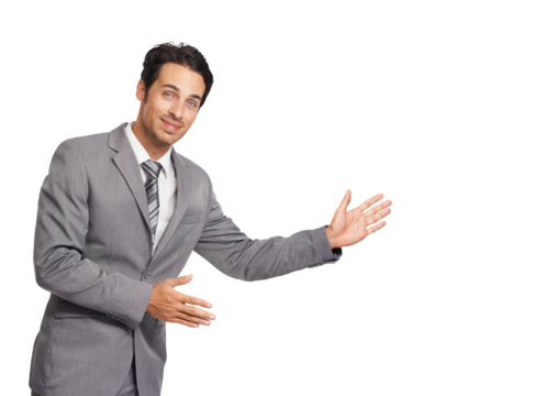 Hands, advertising and portrait of business man with announcement, review or feedback. Entrepreneur person with hand for presentation, marketing or promotion isolated on a transparent, png background