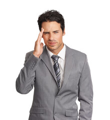 Headache, stress or frustrated business man or a tired model with depression, fail or mistake. Professional person with hand on face for corporate crisis isolated on transparent, png background