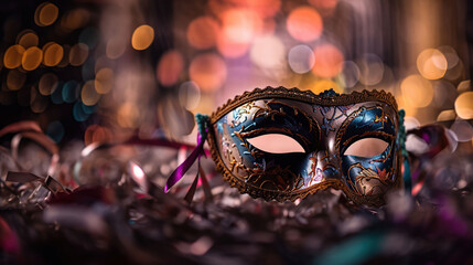 Carnival Party - Venetian Mask With Abstract Defocused Bokeh Lights And Shiny, generative ai - obrazy, fototapety, plakaty
