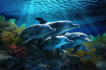 Fototapeta premium A playful dolphin swimming in the crystal-clear waters of Australia on World Oceans Day. This intelligent and social mammal is a symbol of the vibrancy and beauty of our oceans. AI Generative.