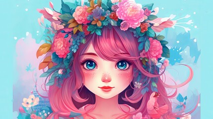 Fototapeta premium Drawing girl with flowers in her hair Generative AI