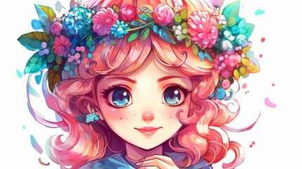 Drawing girl with flowers in her hair Generative AI