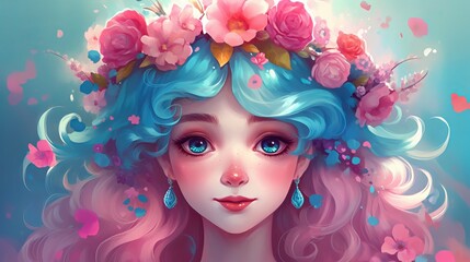 Drawing girl with flowers in her hair Generative AI