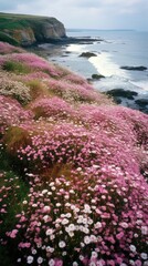 Shoreline covered in pink flowers by the sea. Generaitve AI.