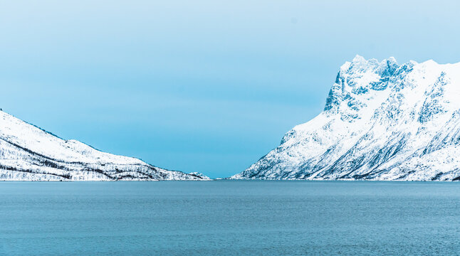 Ersfjorden in Troms, Norway, in winter. Ersfjorden is a fjord in the Tromso municipality of Norway