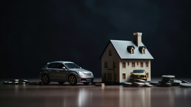 saving money small toy car with house loan concept finance growth and property on gray background table, generative ai