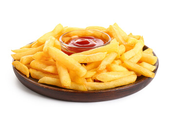 Plate of tasty french fries and ketchup on white background