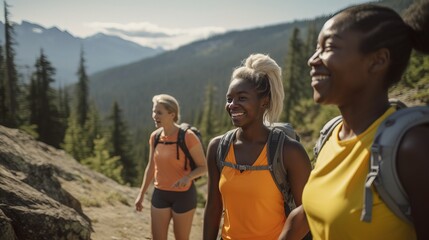 A diverse group of friends hiking on a scenic mountain trail, enjoying the fresh air and natural surroundings. Generative AI