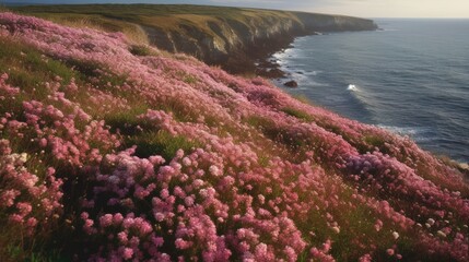 Shoreline covered in pink flowers by the sea. Generaitve AI