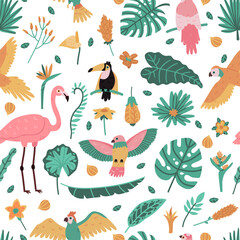 Exotic tropical leaves and birds seamless pattern. Wild flowers with rainforest green foliage. Pink flamingo